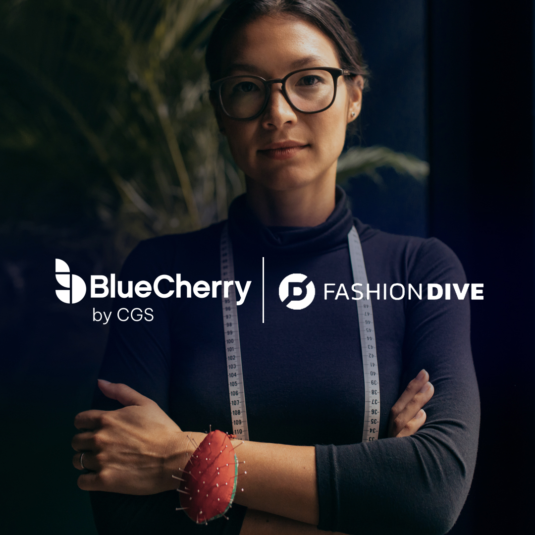 The BlueCherry and Fashiondive logos overlayed on top of a photograph of a woman with a measuring tape around her nec and holding a bobbin with sewing pins