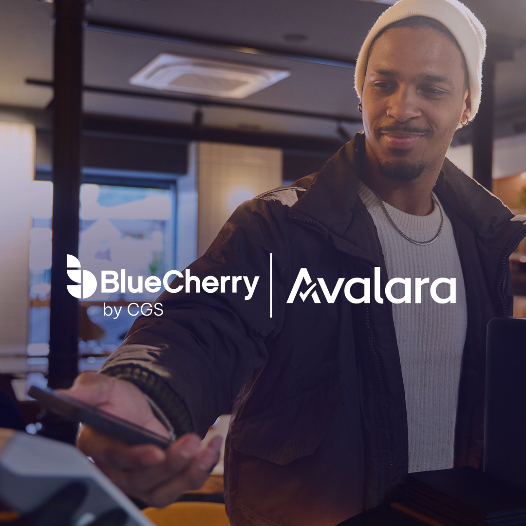 BlueCherry and Avalara logos overlayed on an photo of a man using his phone to page at a payment terminal