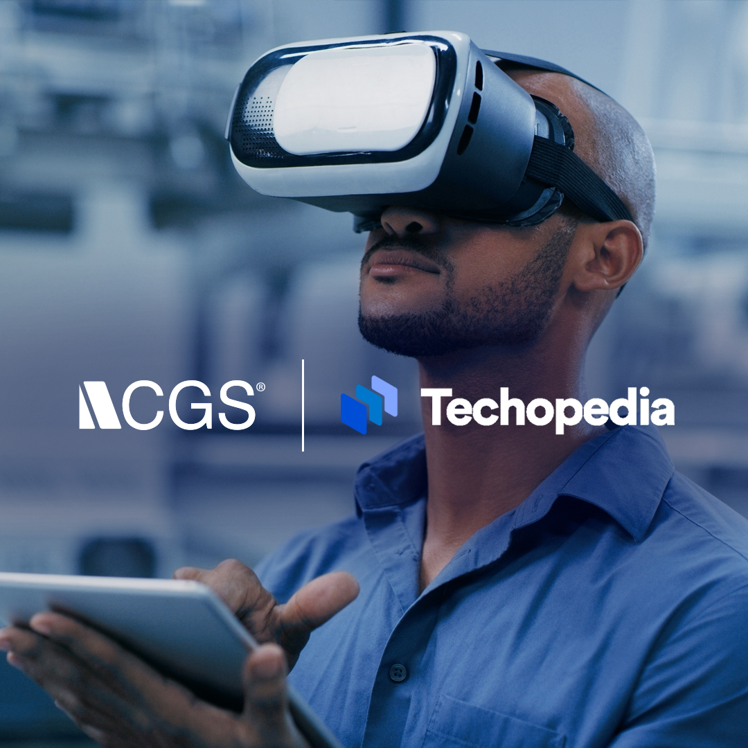 The CGS and Techopedia logos overlayed on an employee using virtual reality goggles and a tablet.