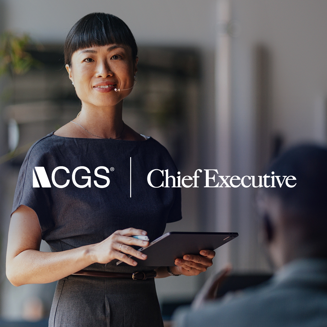 CGS and Chief Executive logos overlayed on top of a businesswoman wearing a headset and using a tablet. 