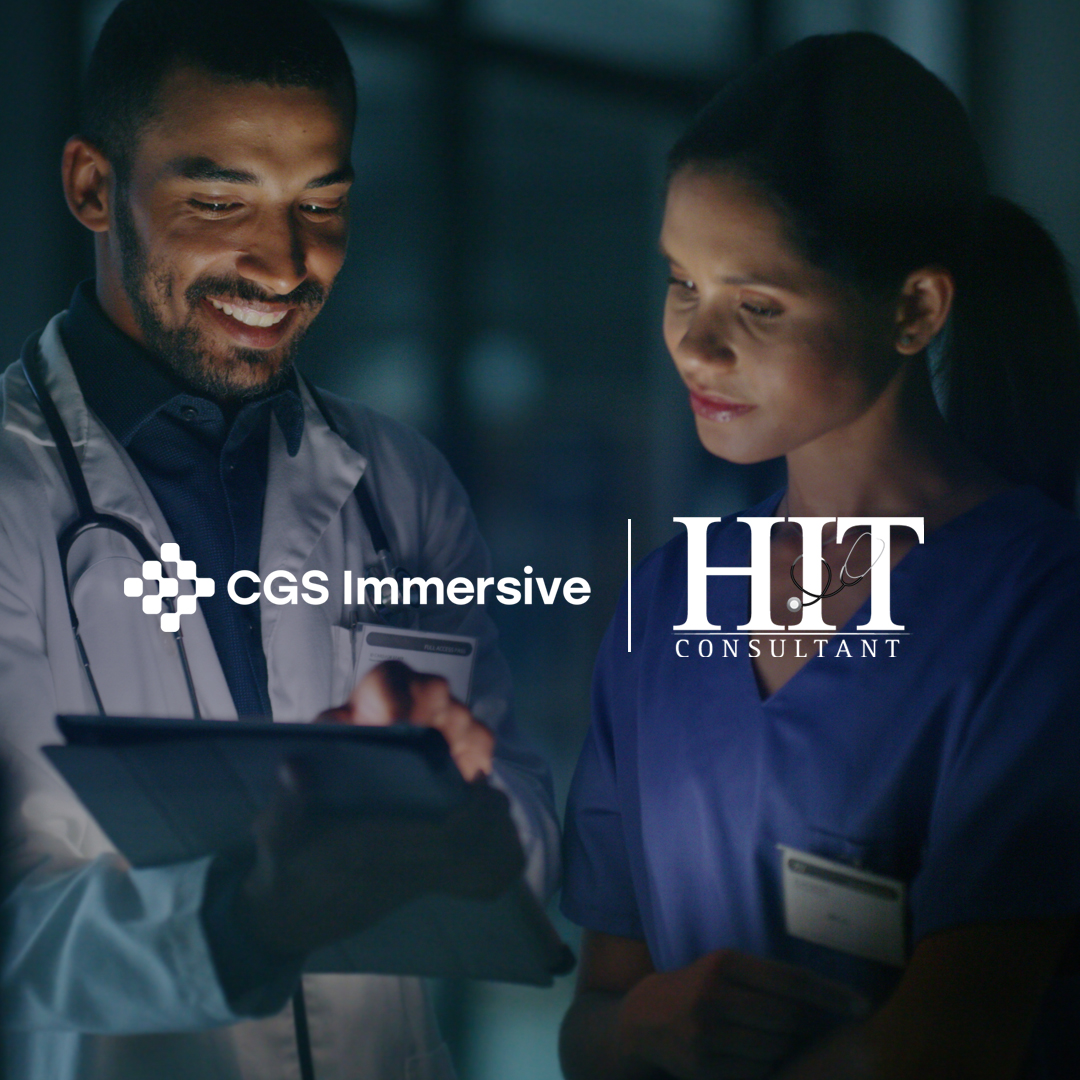 The CGS Immersice and HIT Consultant logos overlayed on top of a photo or a doctor and nurse working on a tablet device