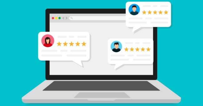 5 ways to improve customer satisfaction Illustration of laptop with five star customer reviews