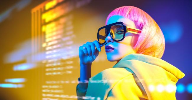 Fashionable futuristic woman with data information overlay