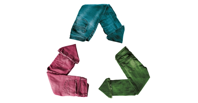 Colorful blue jeans forming a recycle symbol