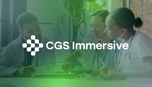 CGS Immersive logo overlayed on an image of four doctors around a table analysing a document