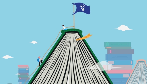 Two people climbing book mountain, learning together illustration