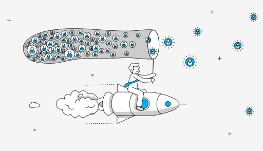 Businessperson on rocket collecting subscribers in a net illustration